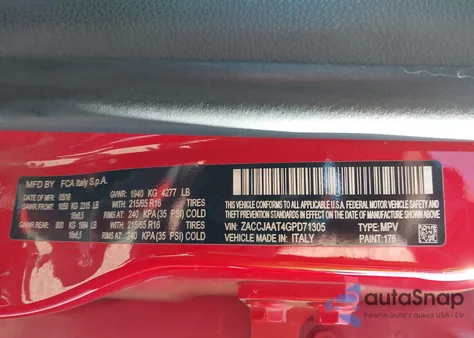 2016 Jeep Renegade Sport from USA, damaged, VIN ZACCJAAT4GPD71305